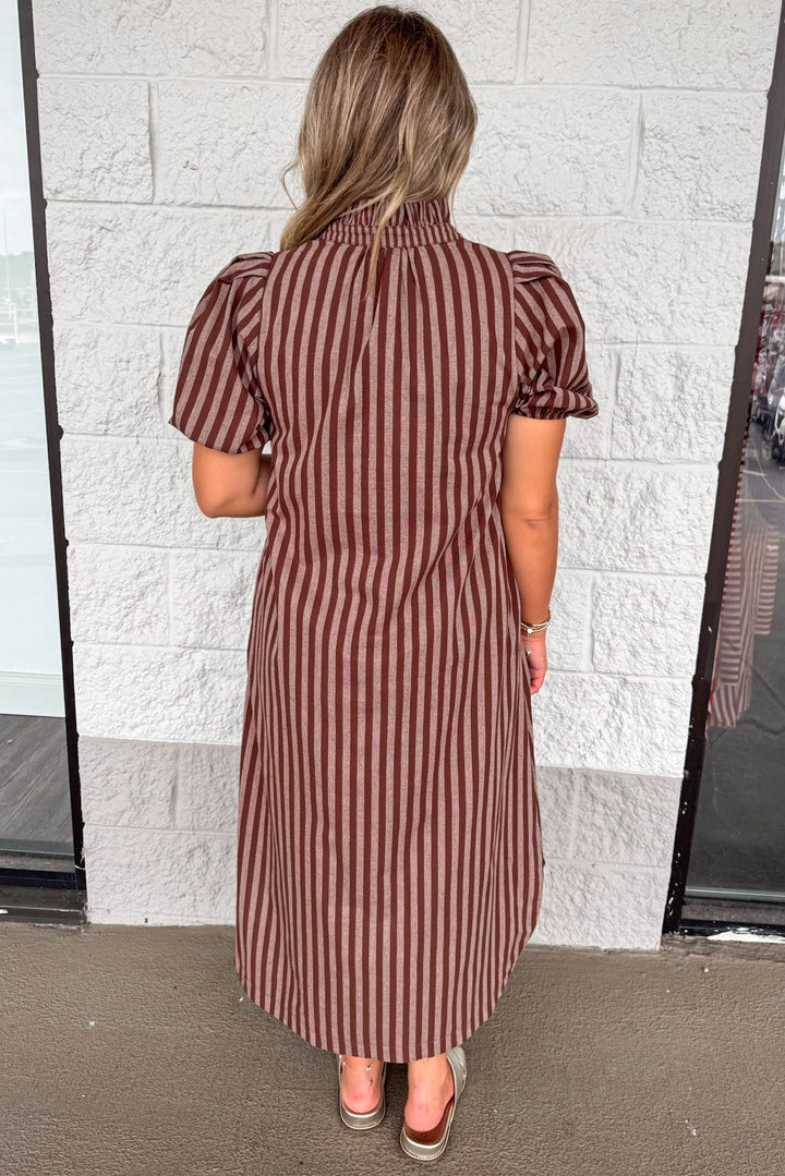 brown and mocha striped button front puff sleeve cotton midi dress with ruffle trimmed neckline