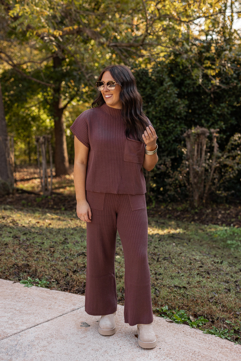 umgee brown sweater knit flare lounge pant