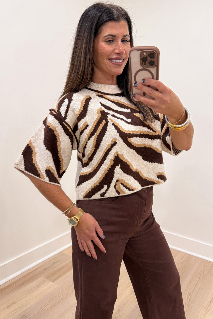 brown oatmeal and tan animal print drop shoulder short sleeve semi-cropped knit sweater top