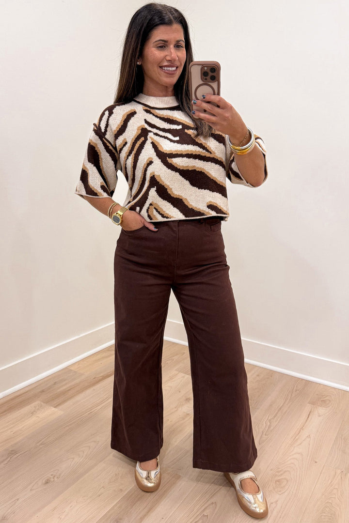 brown oatmeal and tan animal print crew neckline short sleeve semi-cropped knit sweater top