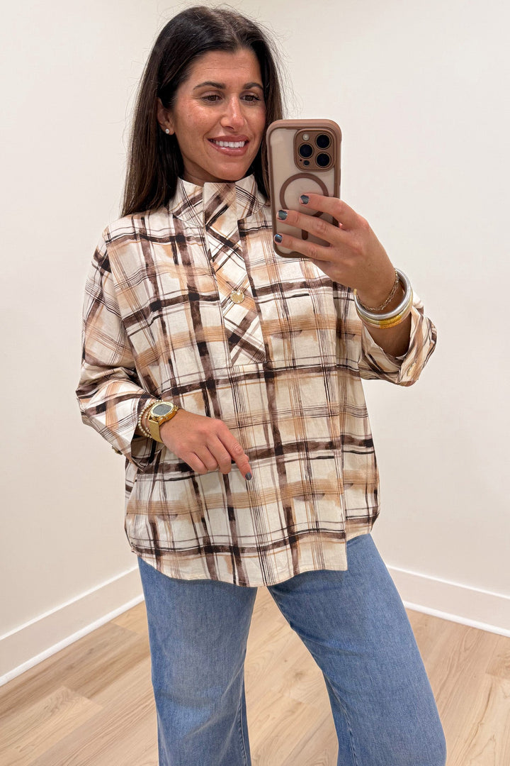 brown tan and cream plaid print half sleeve high neckline rounded bottom hem top
