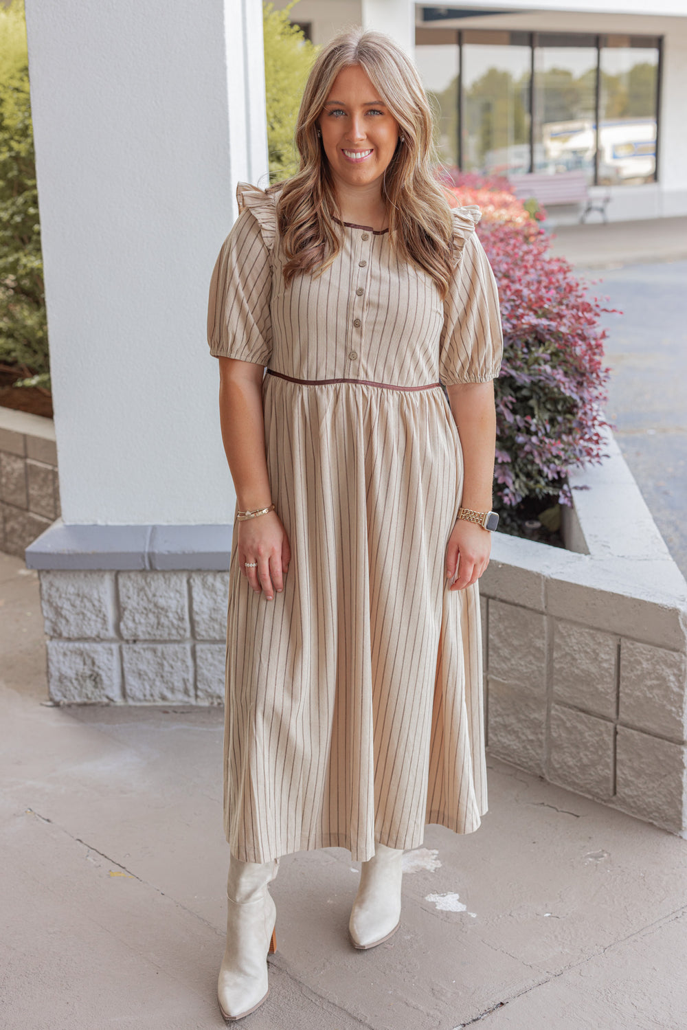 Tan and Chocolate Midi Dress by In February showing full front view