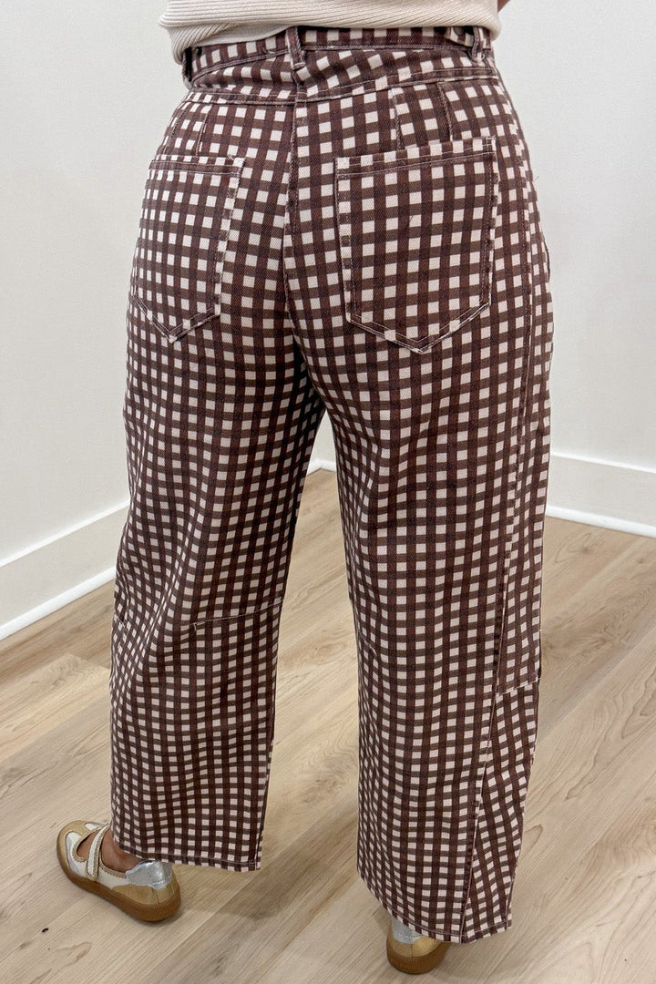 brown and taupe gingham checkered print denim barrel pants with adjustable waist and back pockets