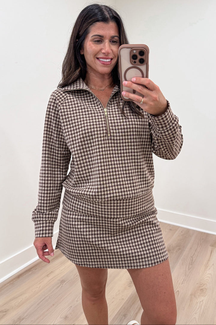 brown and taupe gingham checkered print long sleeve half zip pullover top