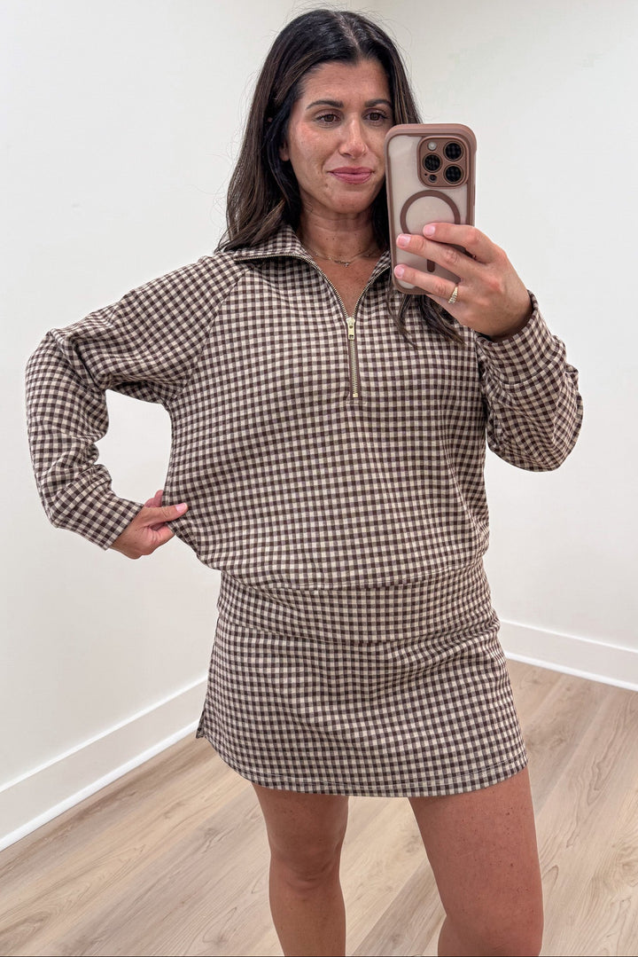 brown and taupe gingham checkered print long sleeve half zip relaxed silhouette pullover top