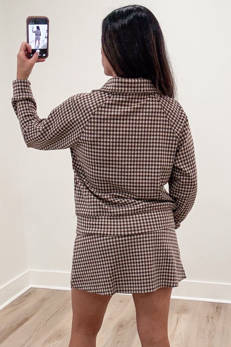 preppy brown and taupe gingham checkered print long sleeve half zip pullover top