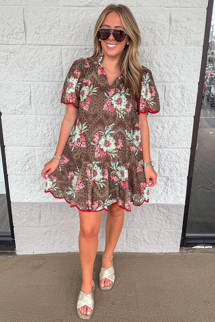 brown with teal and rust floral print scalloped trim ruffled hem eyelet short dress
