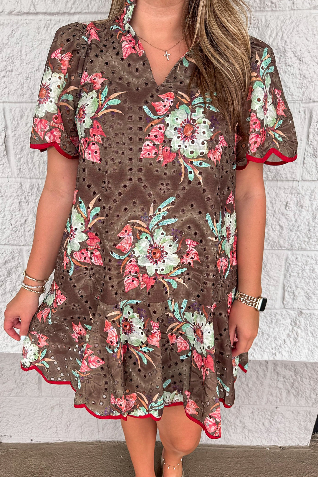 brown with teal and rust floral print scalloped trim v neckline eyelet short dress