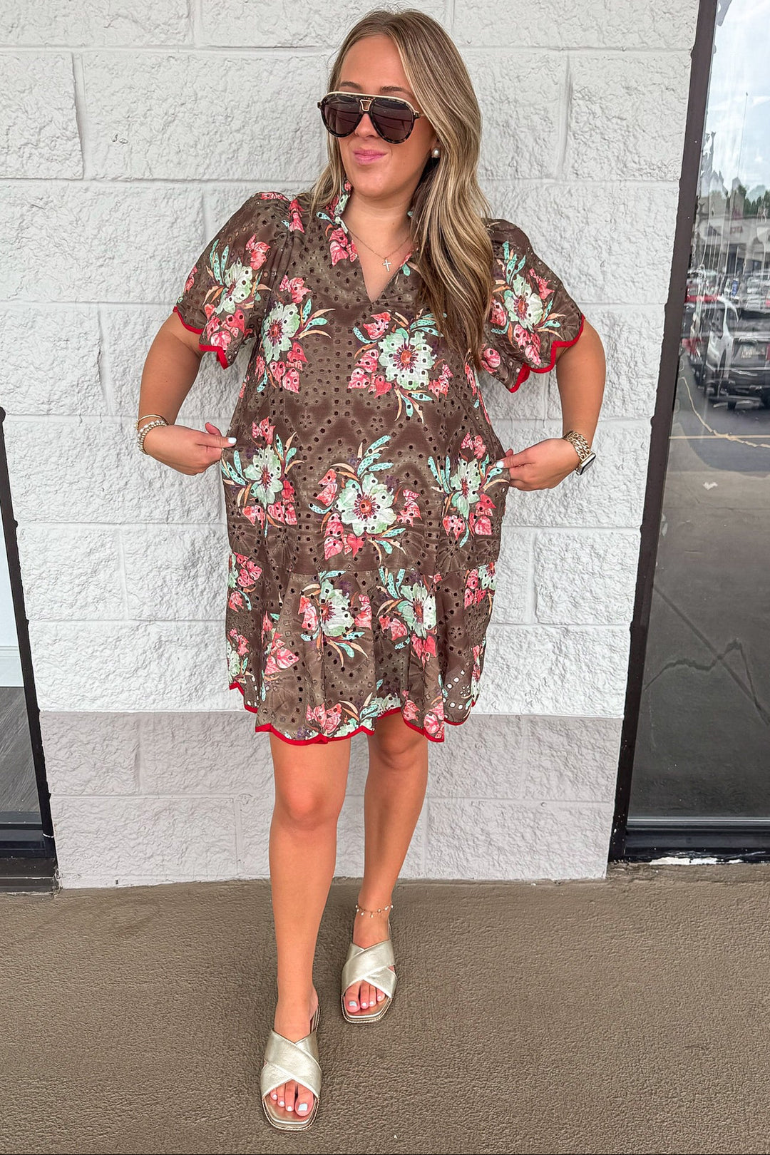 brown with teal and rust floral print scalloped trim eyelet relaxed silhouette short dress