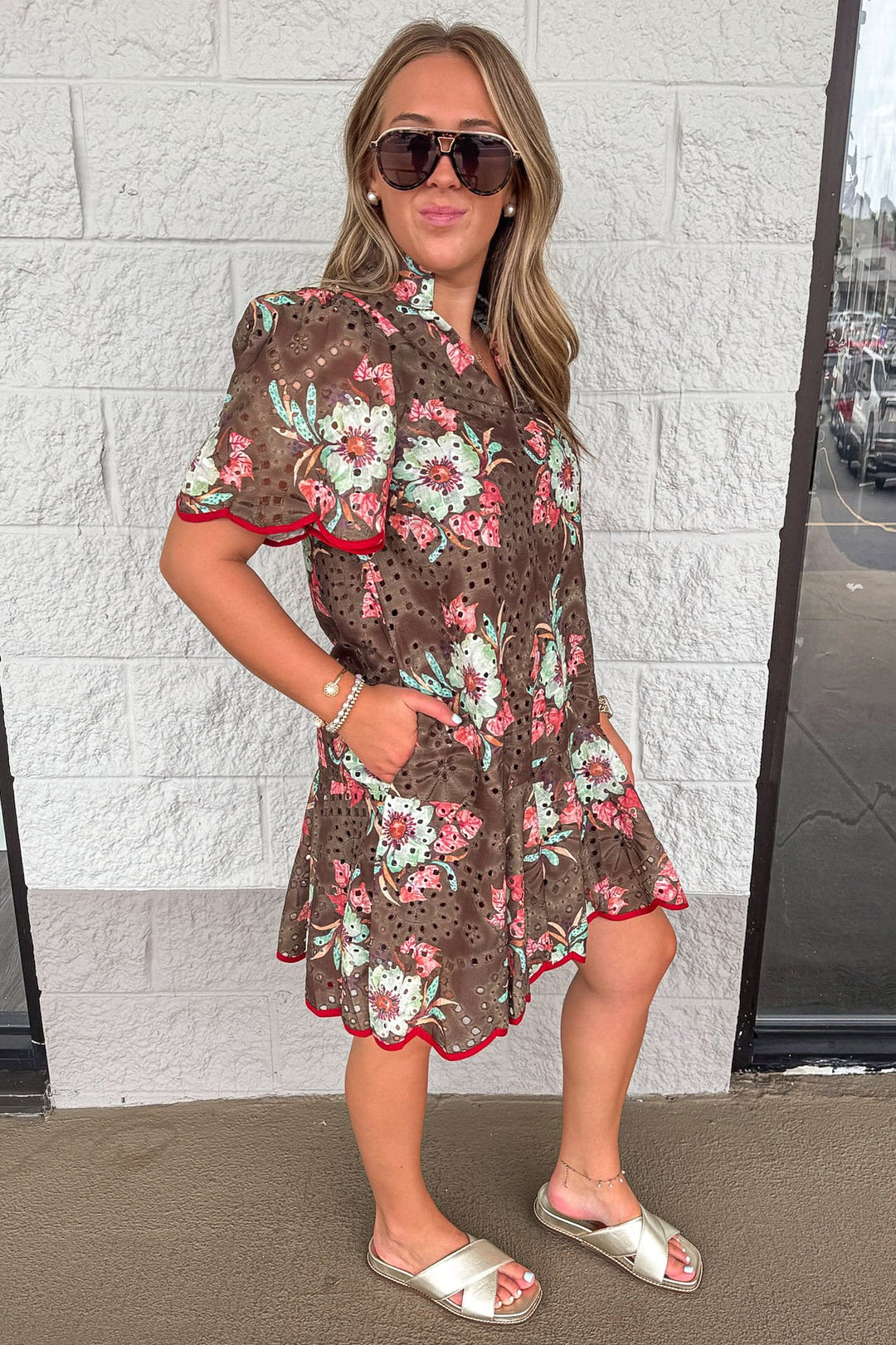 brown with teal and rust floral print scalloped trim eyelet short dress with side pockets