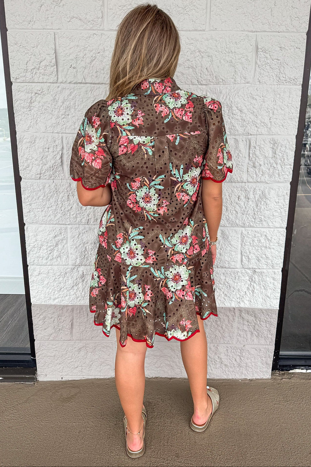 brown with teal and rust floral print scalloped trim eyelet detail short dress