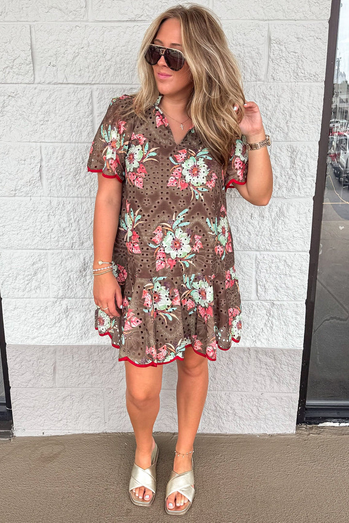 brown with teal and rust floral print scalloped trim eyelet short sleeve dress