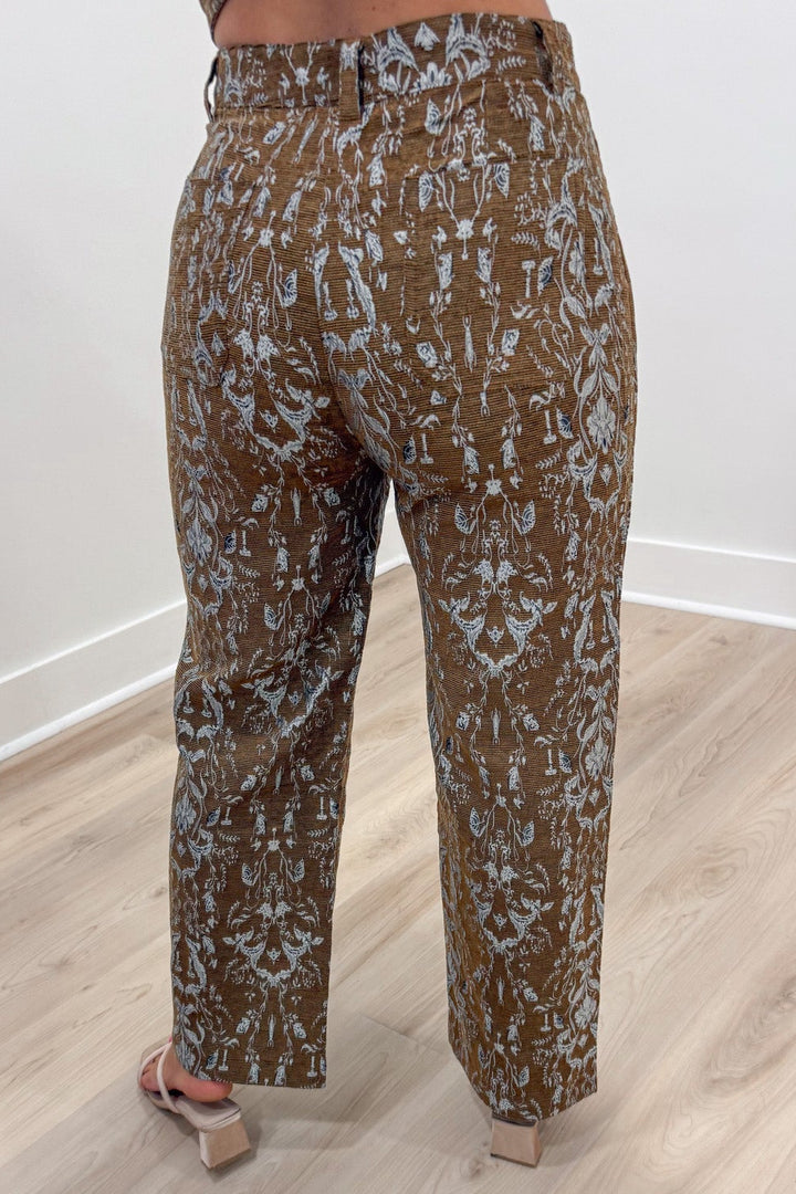 textured brown with silvery blue jacquard paisley print wide leg pants with back pockets