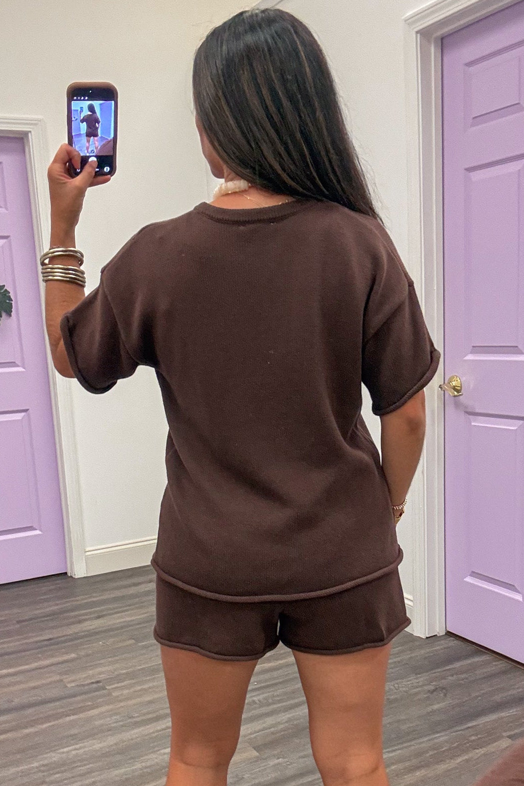 solid espresso brown short sleeve top and shorts matching sweater knit loungewear set