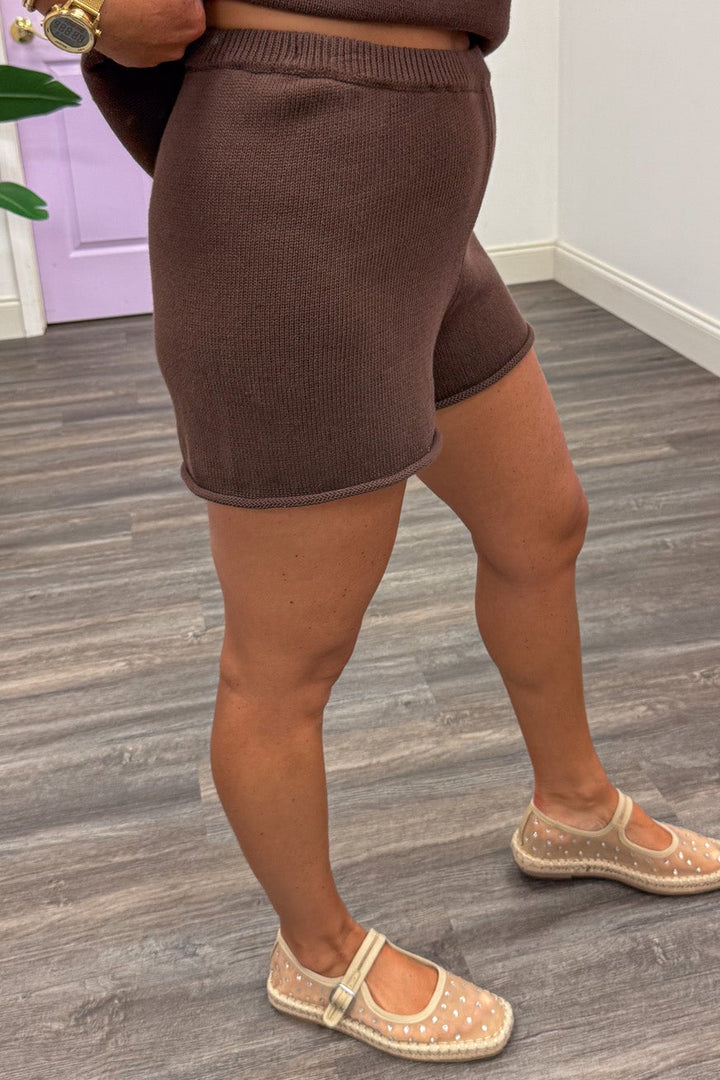 solid espresso brown top and shorts matching cotton sweater knit loungewear set