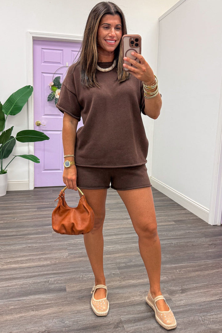 solid espresso brown top and shorts matching sweater knit loungewear set