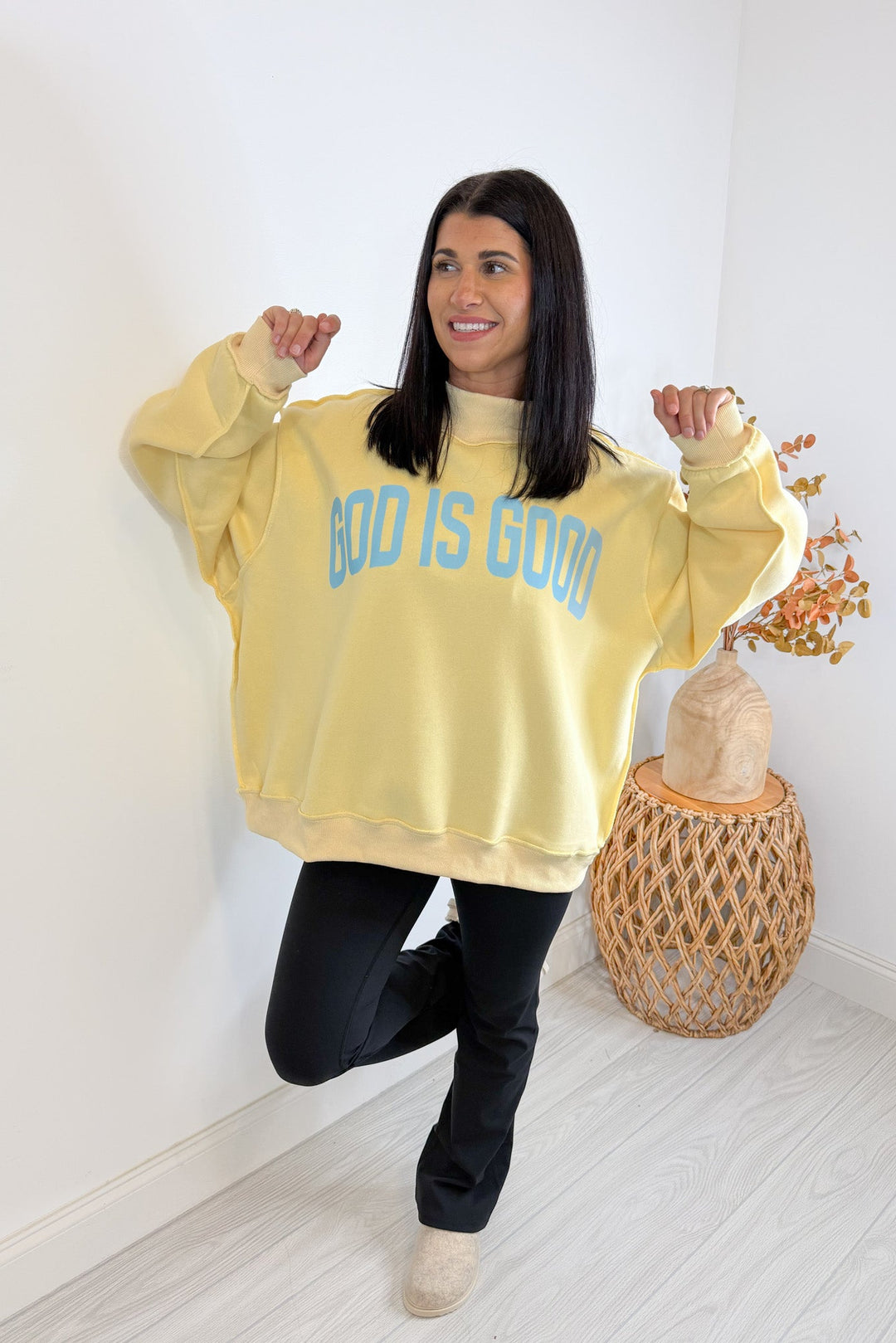 mock neck oversized god is good butter yellow sweatshirts