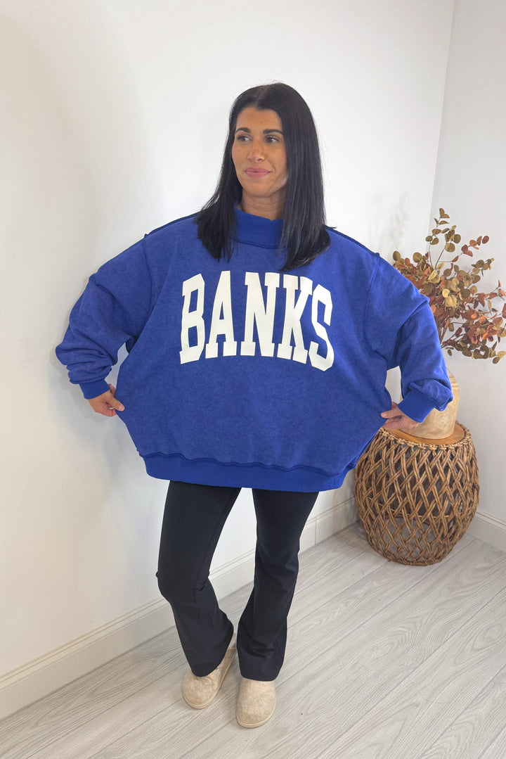 bucketlist mock neck royal blue oversized sweatshirt width