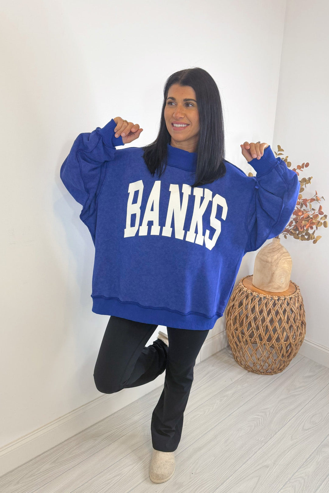 bucketlist mock neck royal blue oversized sweatshirt banks