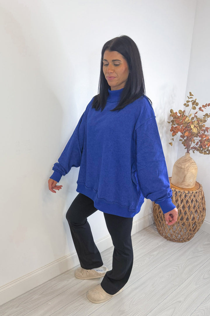 mock neck oversized sweatshirt royal blue side