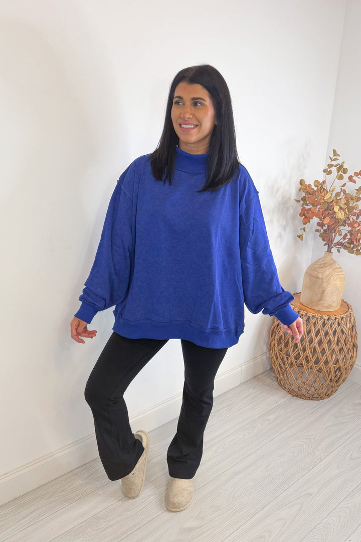 mock neck oversized sweatshirt royal blue details