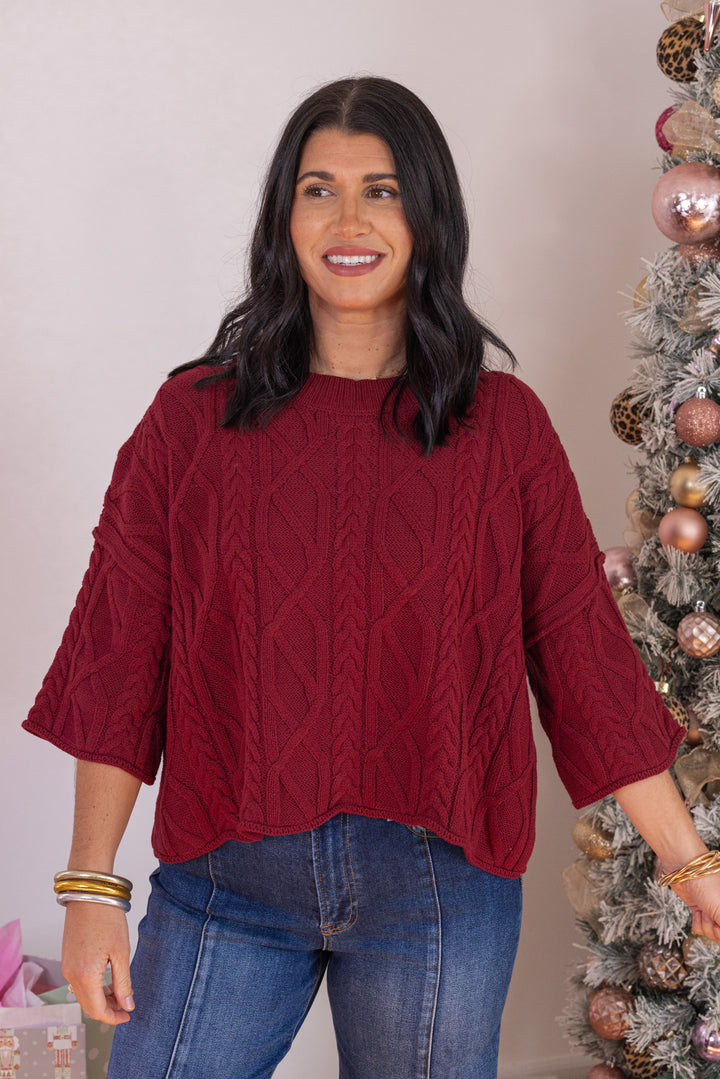 Women's burgundy cable knit cropped sweater by Entro