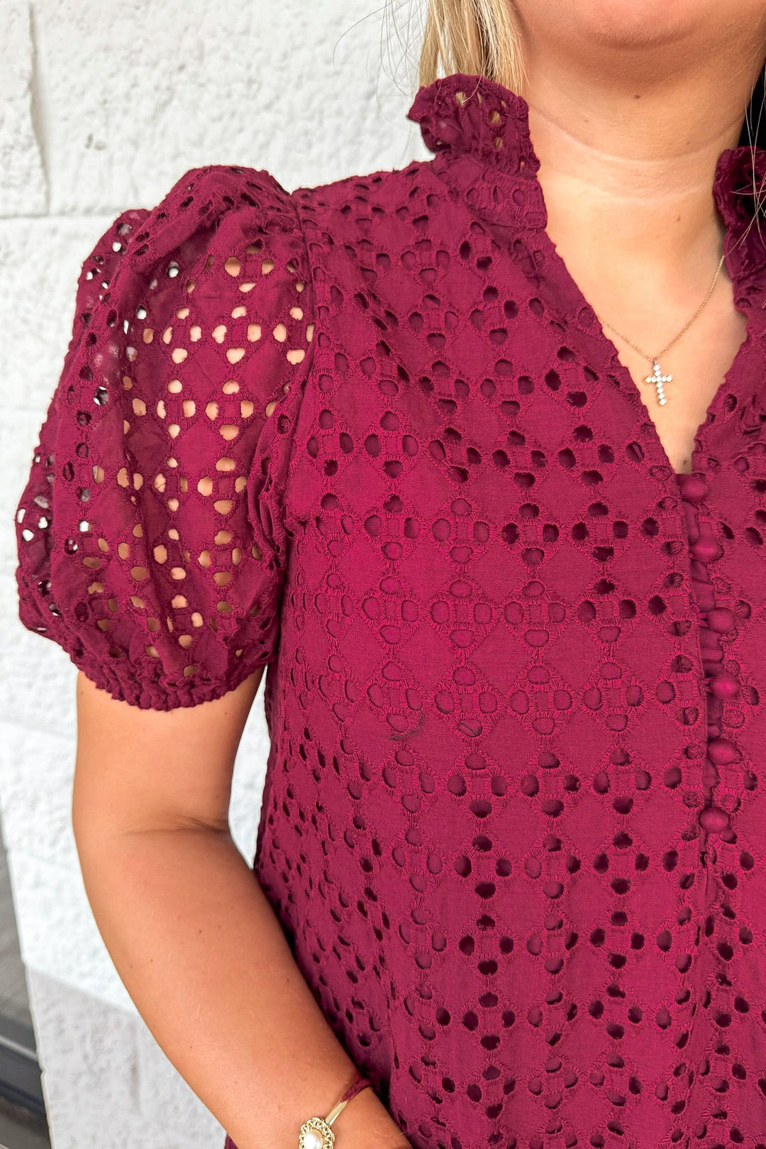 solid burgundy with embroidered eyelet details short sleeve v neckline maxi dress
