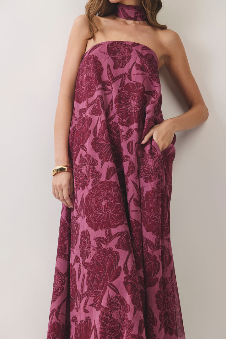 burgundy strapless scarf neck tie midi dress