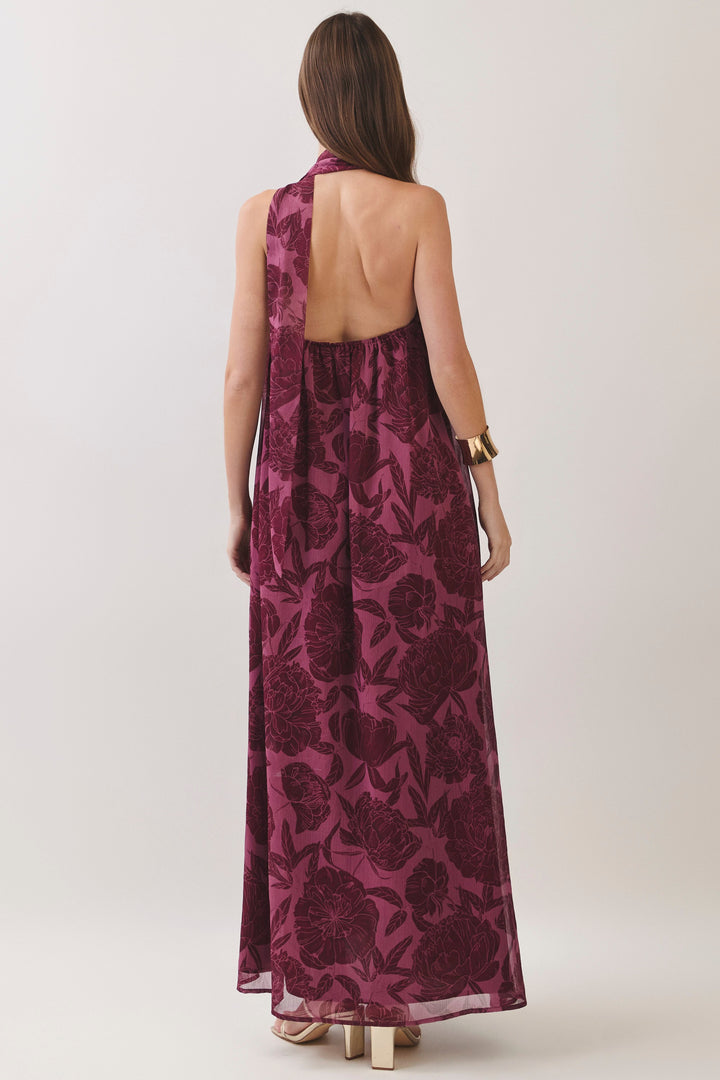 burgundy strapless scarf neck tie maxi dress