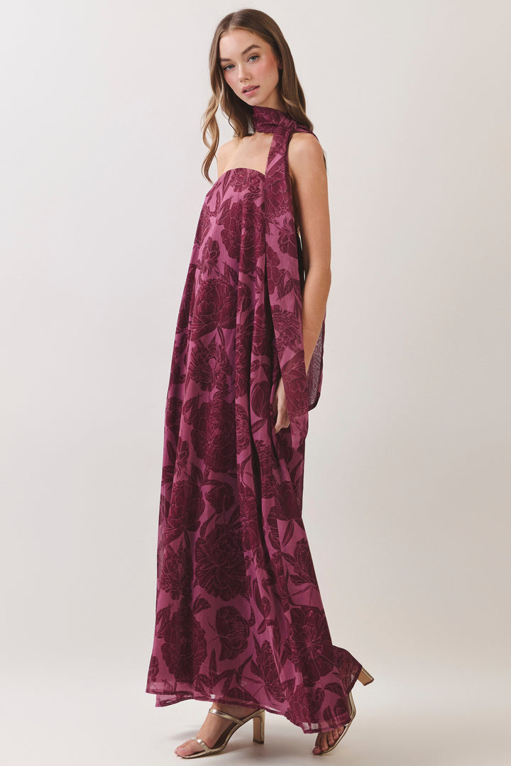 burgundy strapless scarf neck tie floral dress