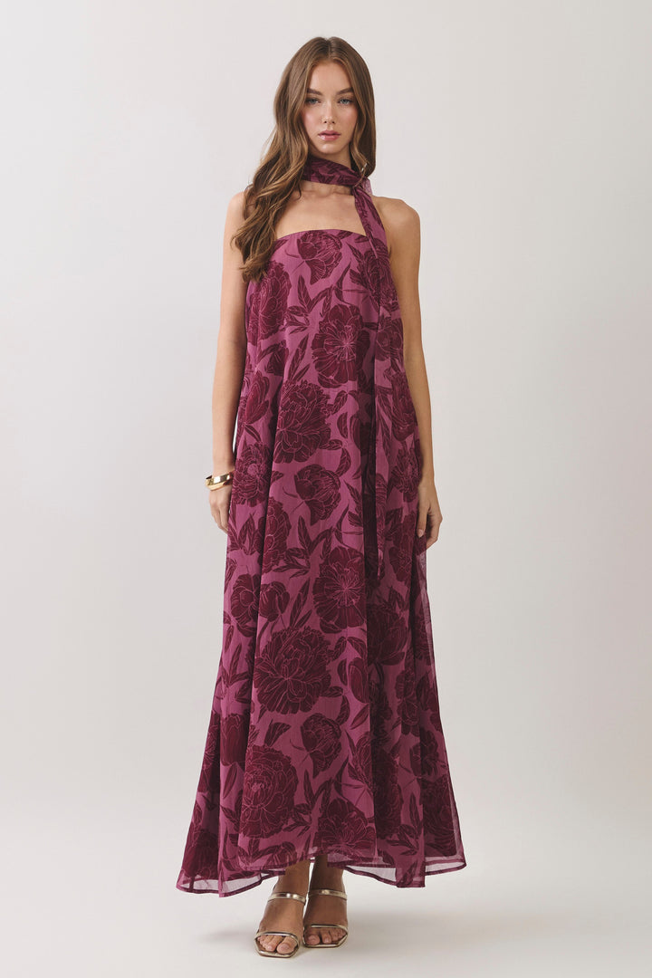 burgundy strapless scarf neck tie dress