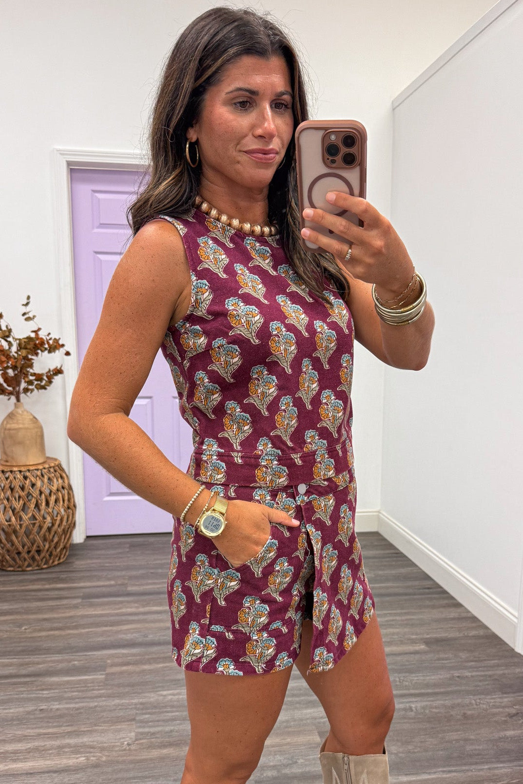 burgundy with orange teal and olive floral print sleeveless lightweight denim top