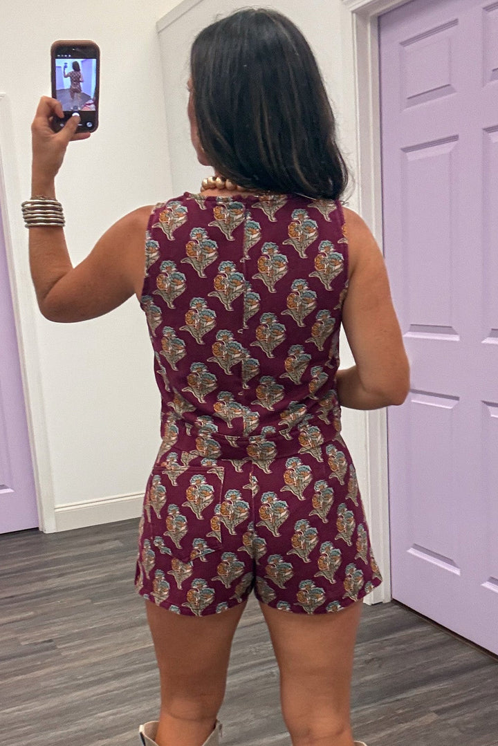 burgundy with orange teal and olive floral print sleeveless denim top with back zipper closure