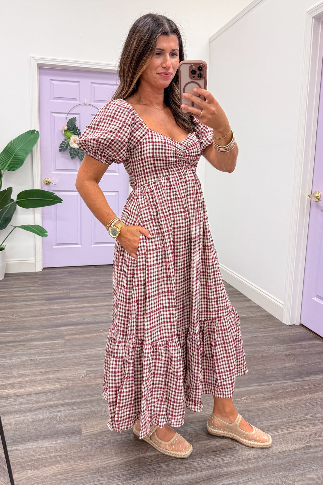 burgundy ivory gingham smocked chest back midi dress side view