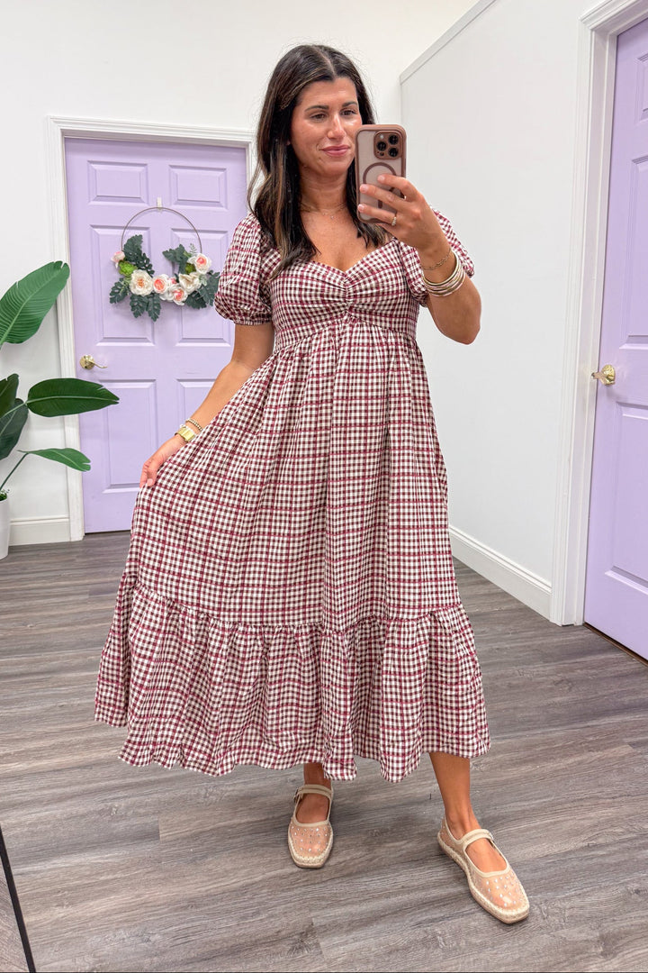 burgundy ivory gingham smocked chest back midi dress with espadrille flats