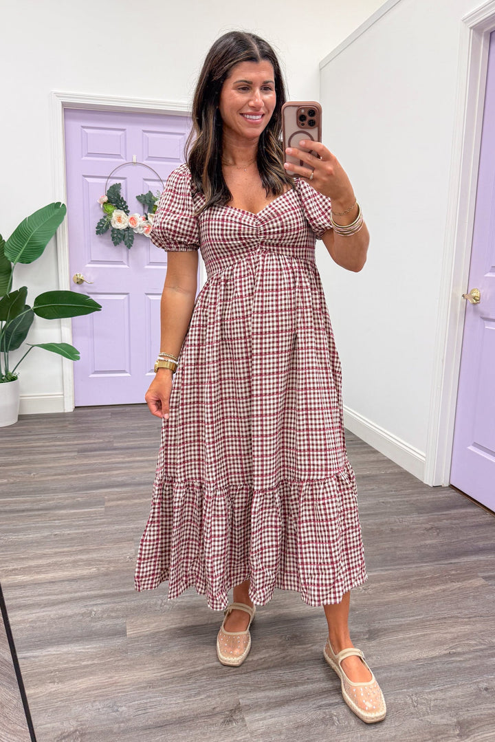 burgundy ivory gingham smocked chest back midi dress with loose flowy body