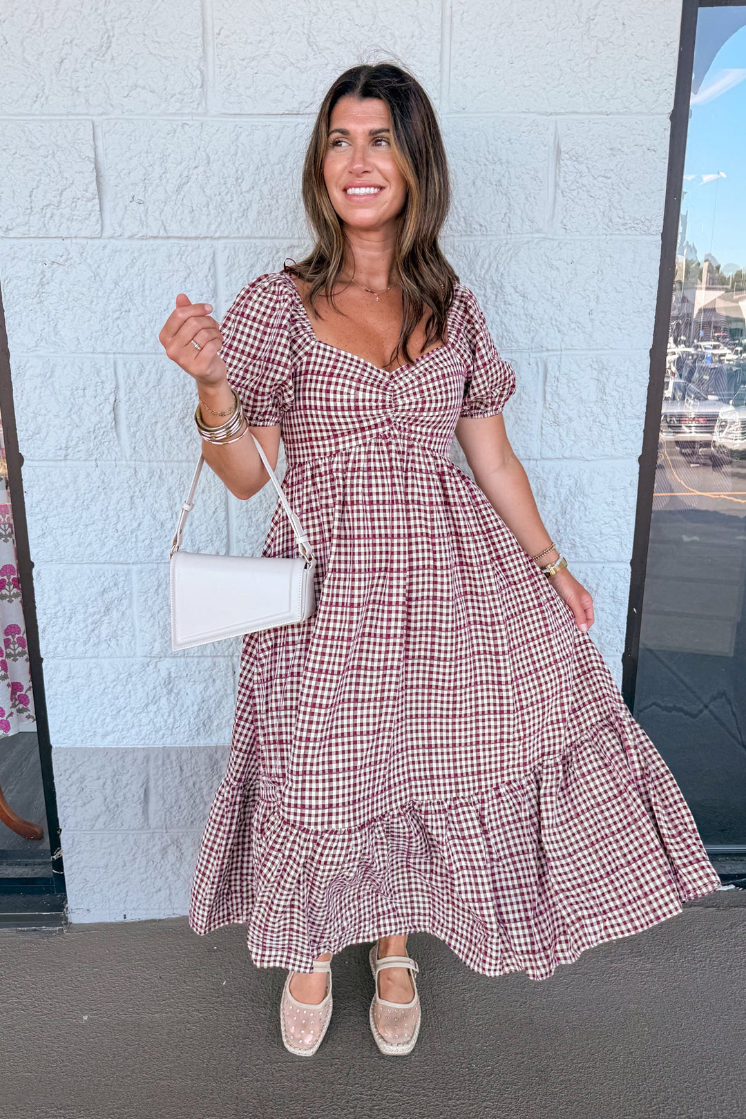 burgundy ivory gingham smocked chest back midi dress