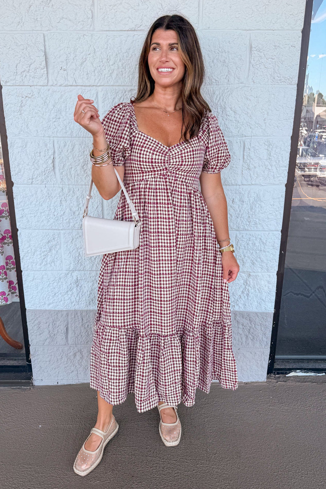 burgundy ivory gingham smocked chest back midi dress with wide ruffle hem