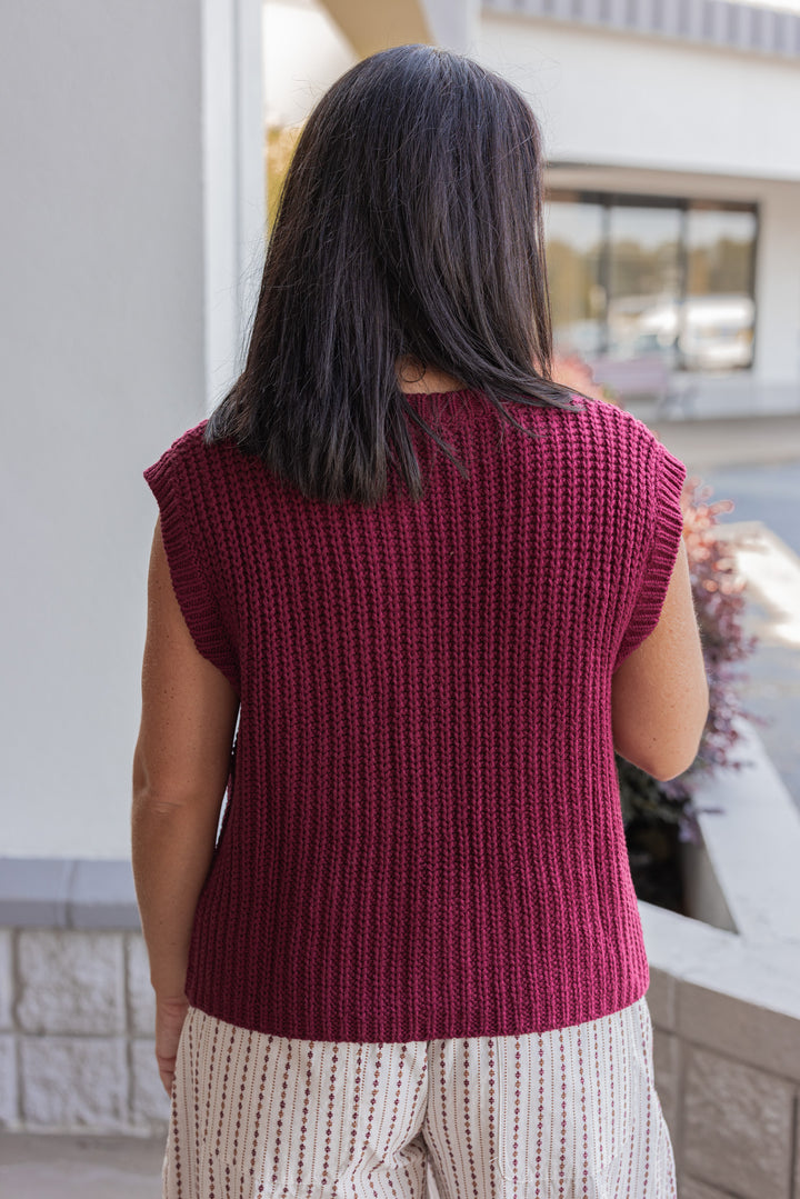 Women's burgundy wine knit button front sweater vest by Wishlist showing up close back view
