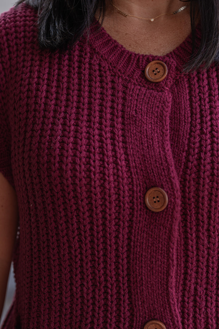 Women's burgundy wine knit button front sweater vest by Wishlist showing up close front view