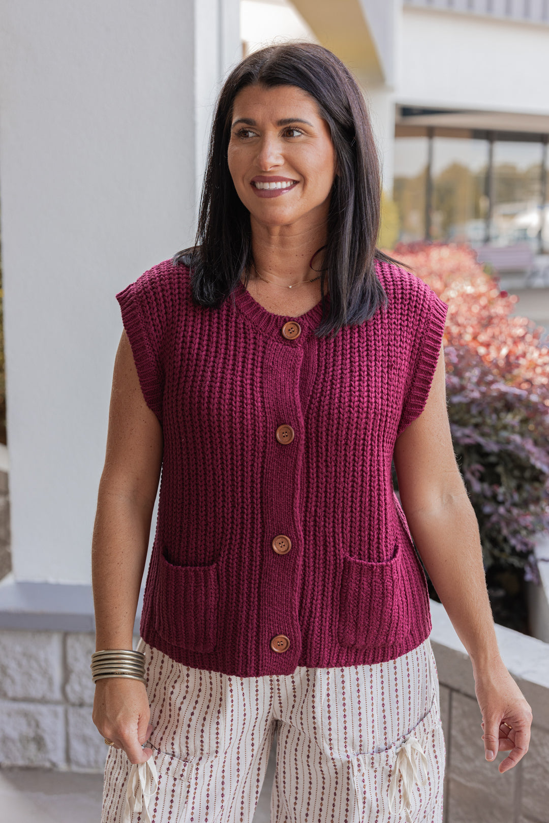 Women's burgundy wine knit button front sweater vest by Wishlist