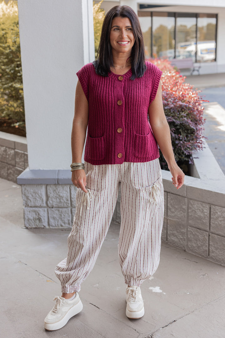 Women's burgundy wine knit button front sweater vest by Wishlist showing full front view