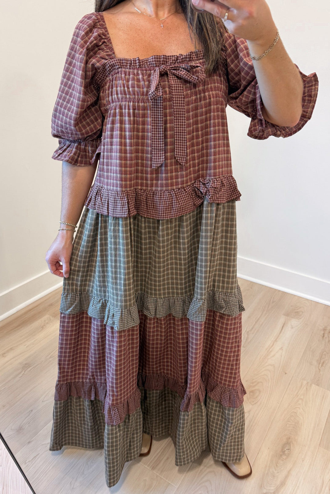 burgundy and olive green colorblock plaid print puff sleeve square neckline with bow tie tiered midi dress
