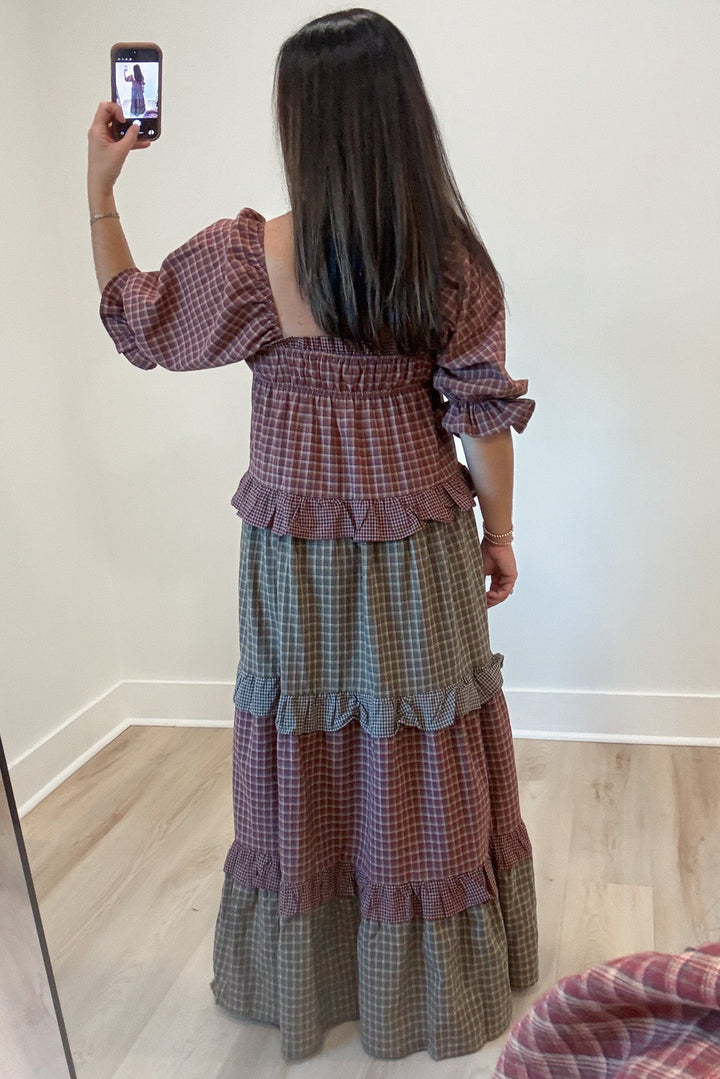 burgundy and olive green colorblock plaid print puff sleeve tiered midi dress with ruffled trim