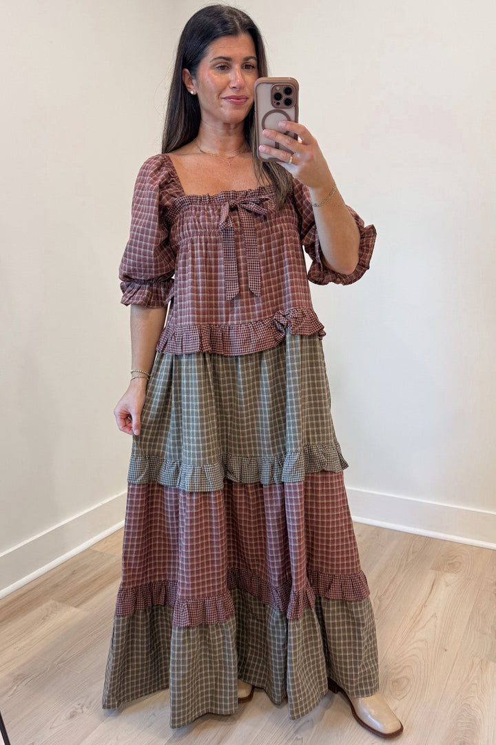 burgundy and olive green colorblock plaid print puff sleeve tiered midi dress
