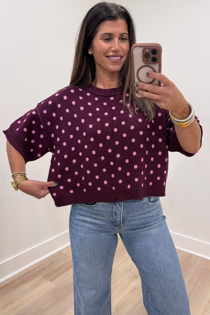 burgundy with light pink polka dot print half sleeve relaxed silhouette semi-cropped knit sweater top