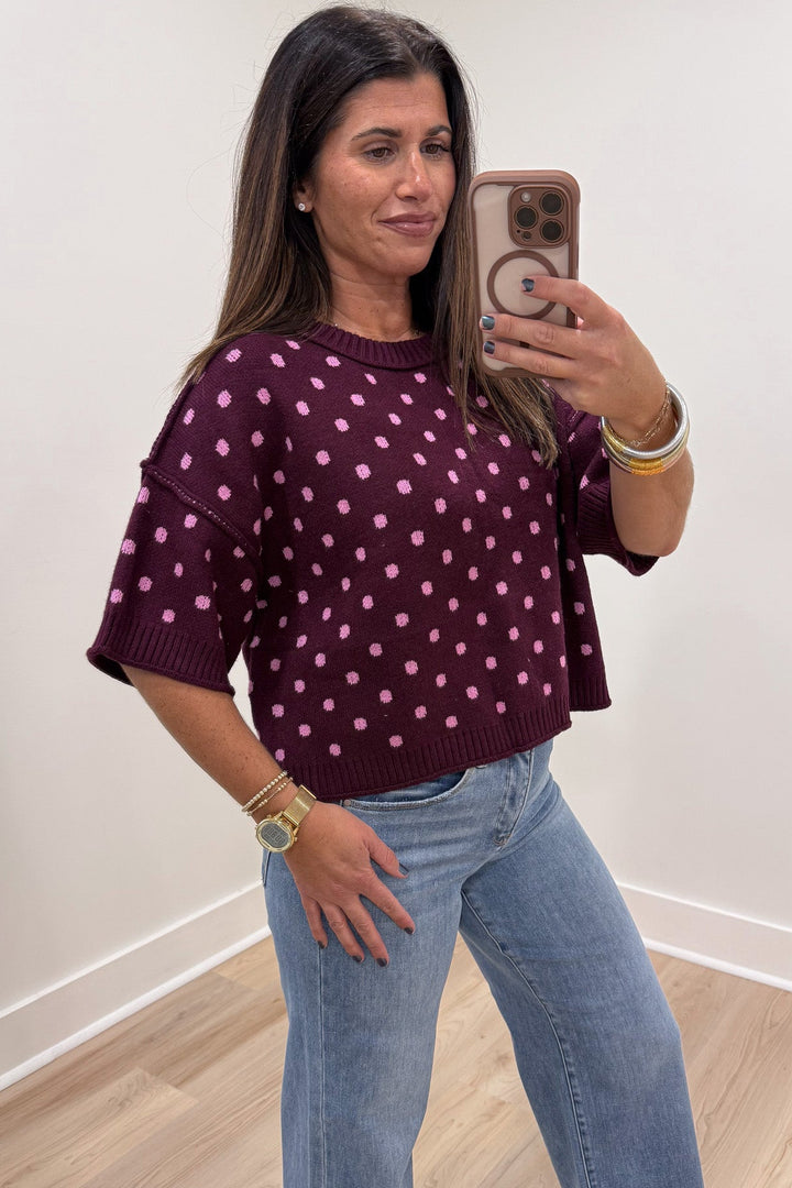 burgundy with light pink polka dot print drop shoulder half sleeve semi-cropped knit sweater top