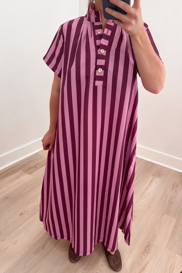 pink burgundy striped midi dress with gold buttons