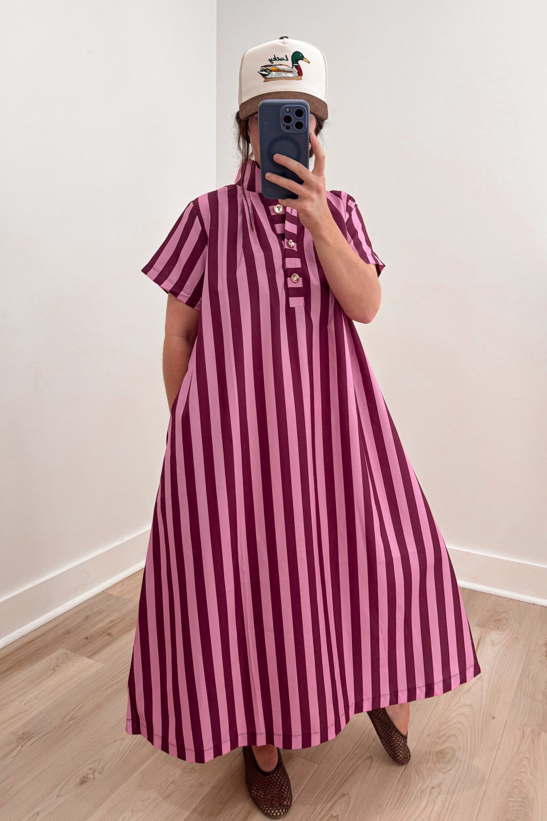 pink burgundy striped midi dress brown flats
