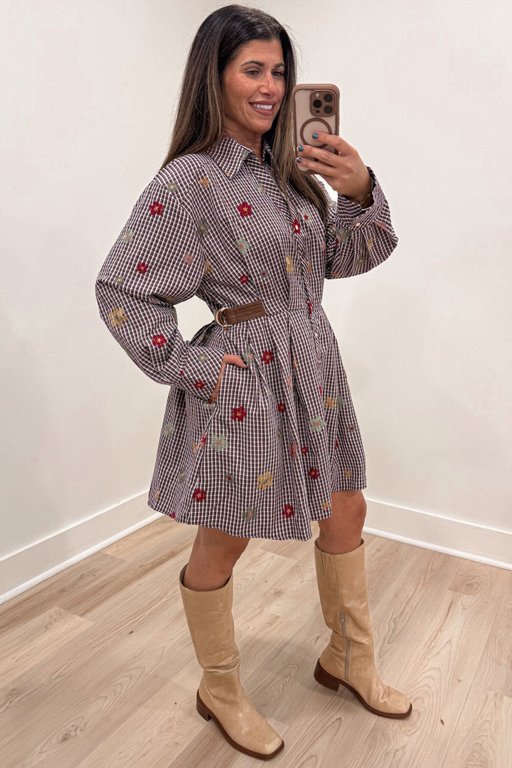 burgundy and white plaid print with floral embroidery long sleeve button front mini dress with side pockets